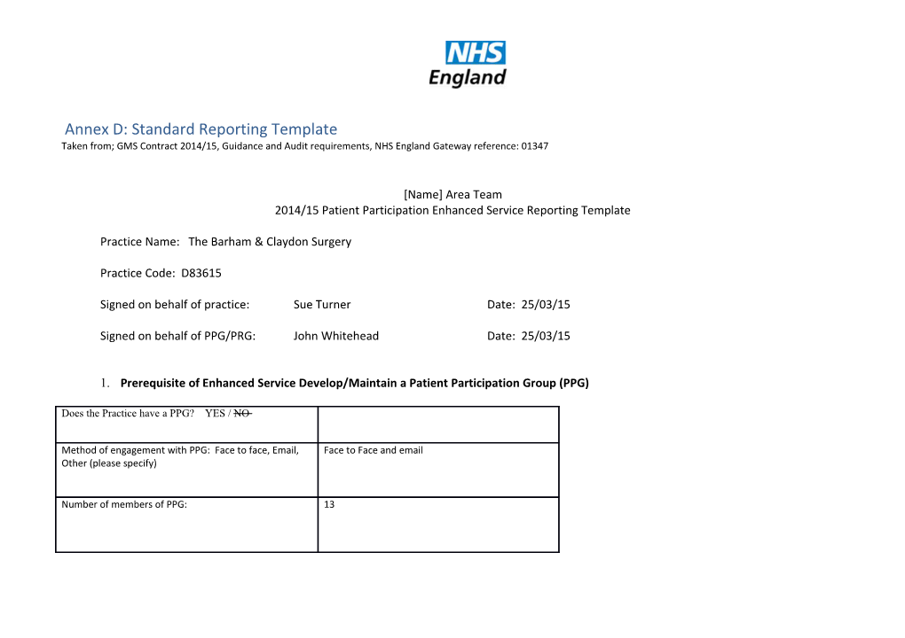 Annex D: Standard Reporting Template