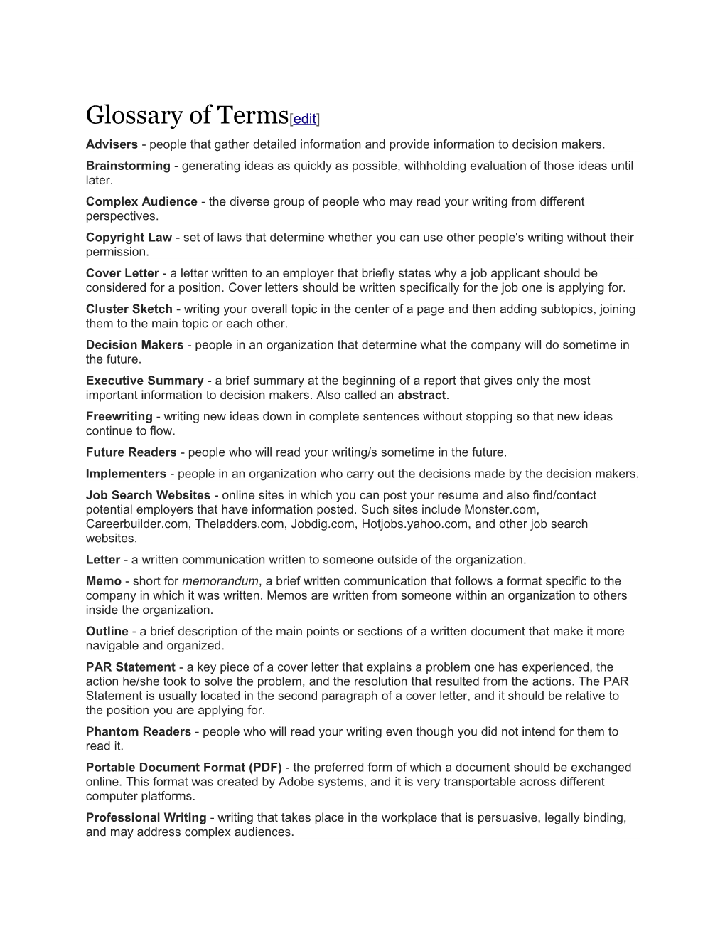 Glossary of Terms Edit