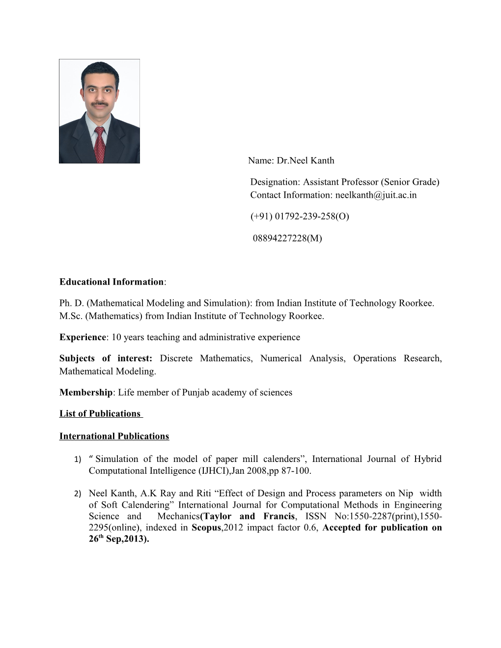 Designation: Assistant Professor (Senior Grade) Contact Information