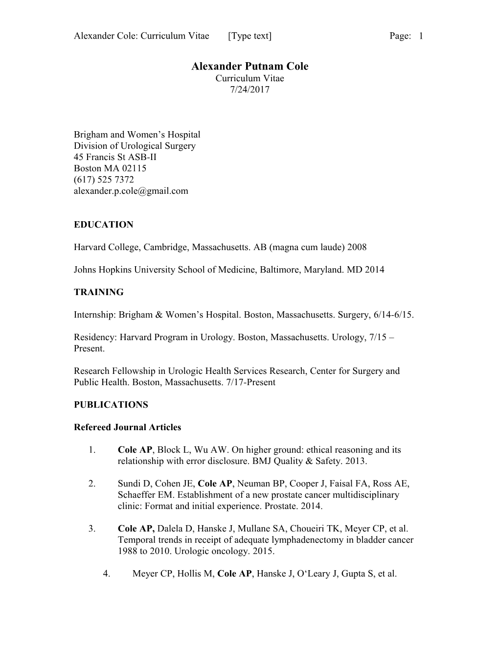 Alexander Cole: Curriculum Vitae Type Text Page