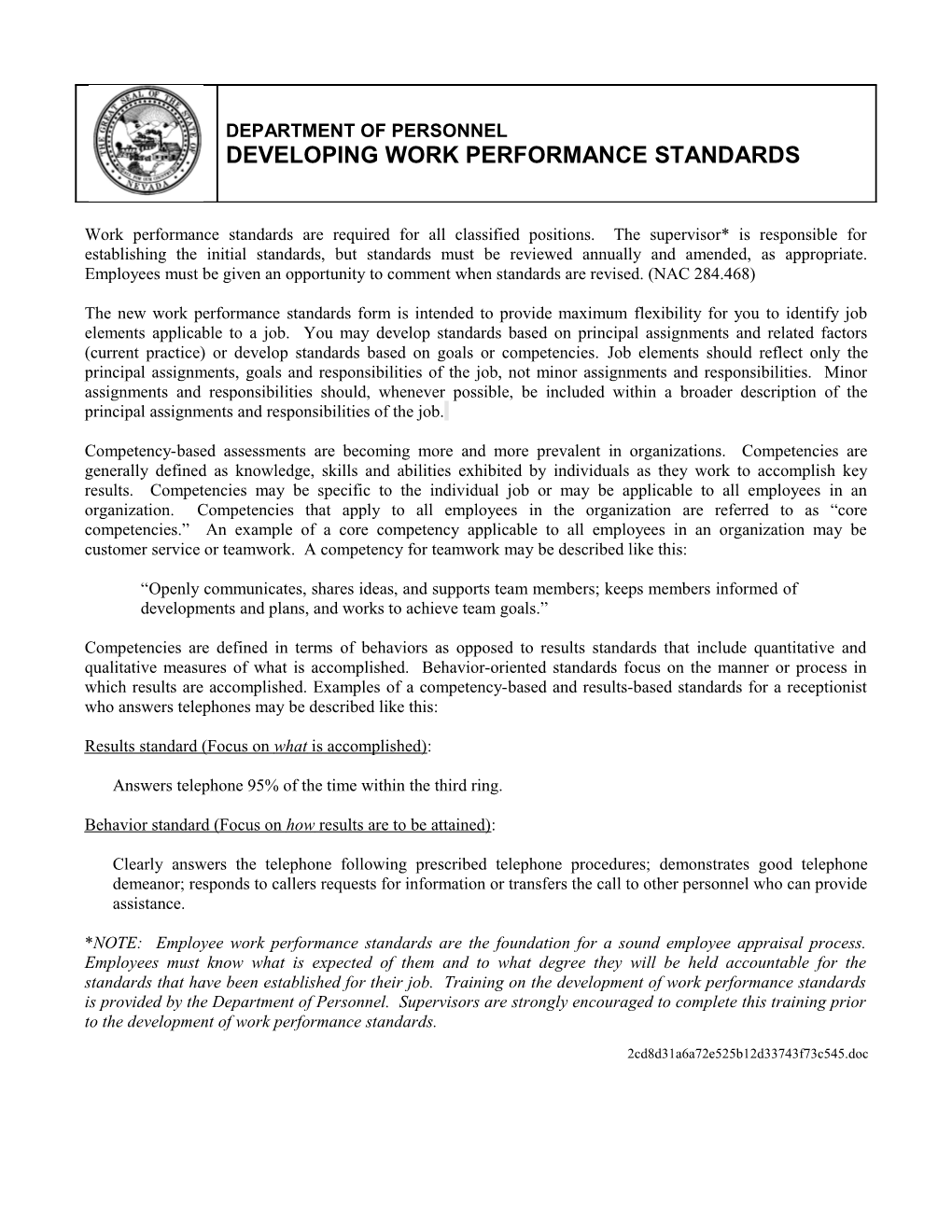 Instructions for the Completion of Work Performance Standards