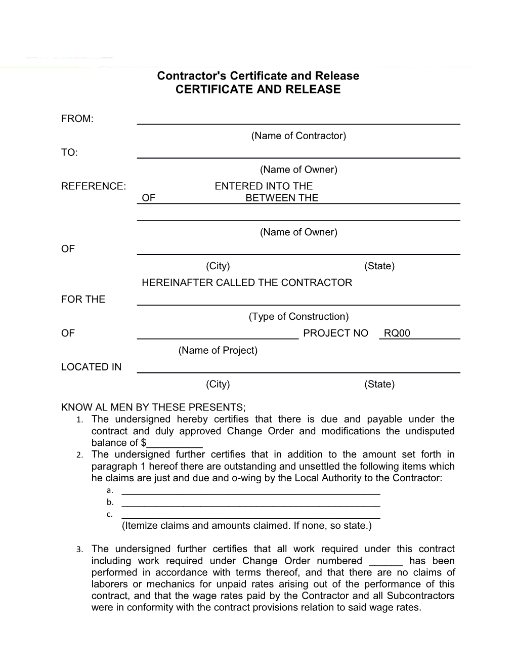 Contractor's Certificate and Release