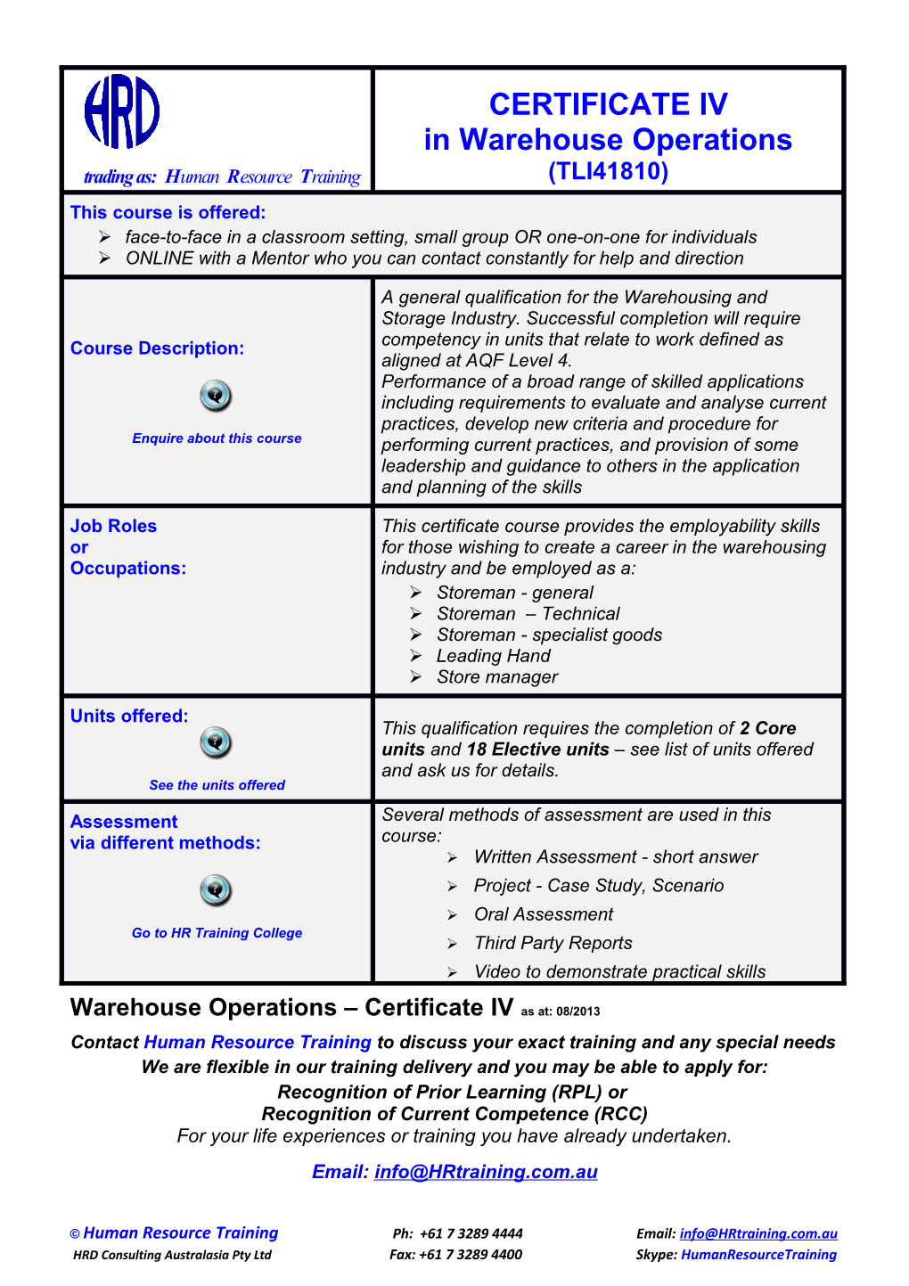 Warehouse Operations Certificate Ivas At: 08/2013