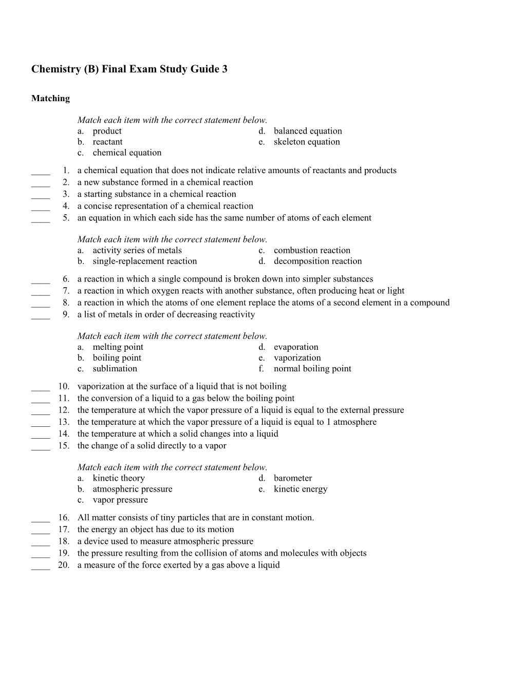 Chemistry (B) Final Exam Study Guide 3