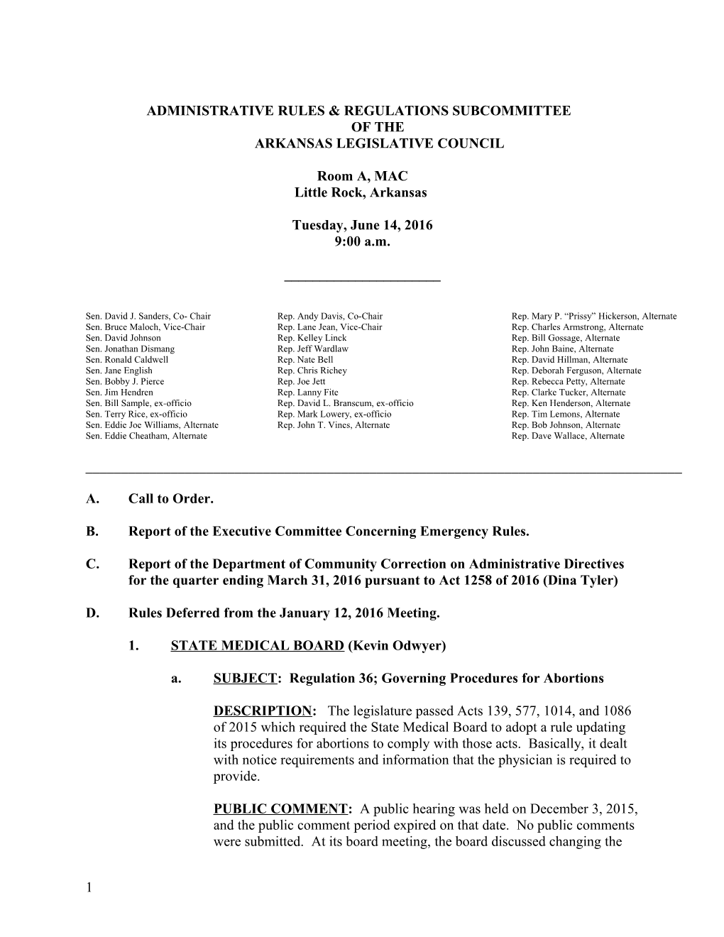 Administrative Rules & Regulations Subcommittee of the Arkansas Legislative Council