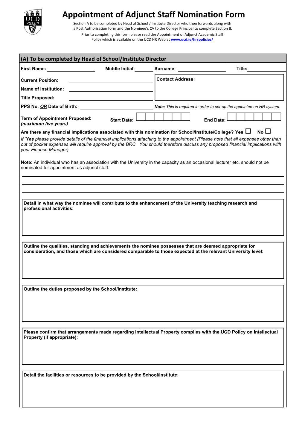 Appointment of Adjunct Staff Nomination Form
