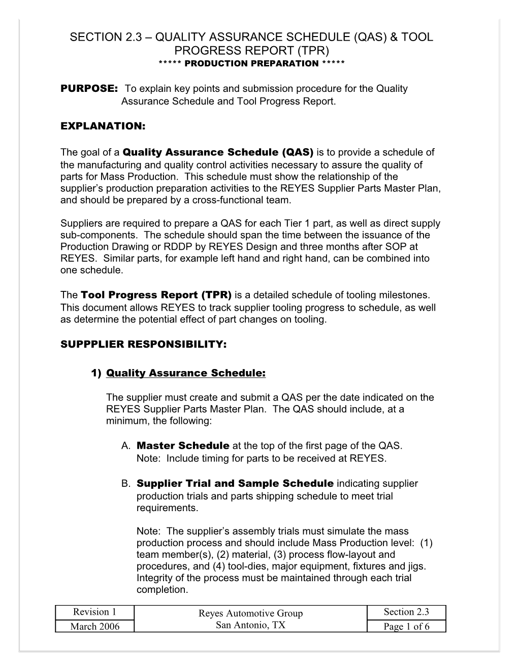 Section 2.3 Quality Assurance Schedule (Qas) & Tool Progress Report (Tpr)