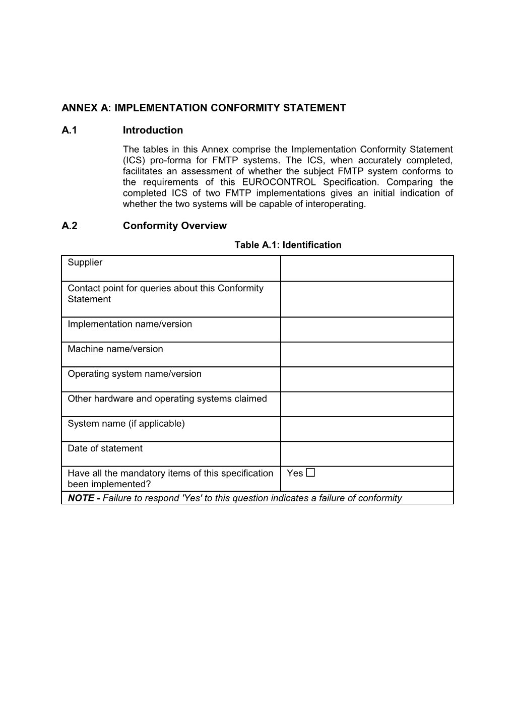 Annex A: Implementation Conformity Statement