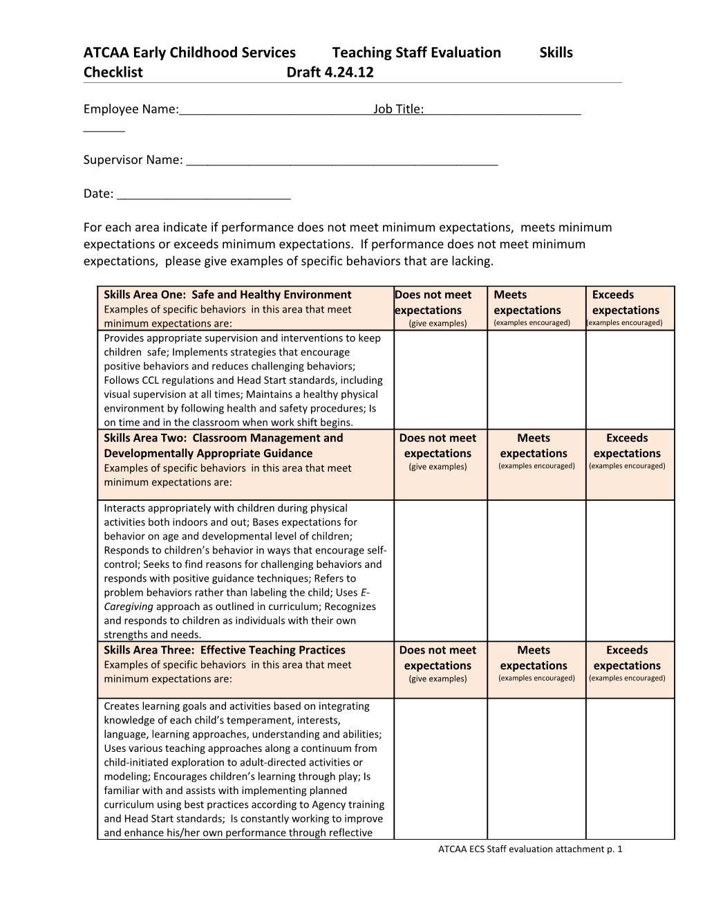 ATCAA Early Childhood Services Staff Evaluation Draft Skills Checklist