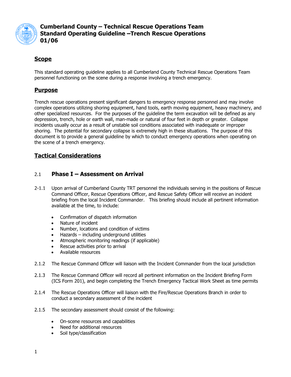 Standard Operating Guideline Trench Rescue Operations