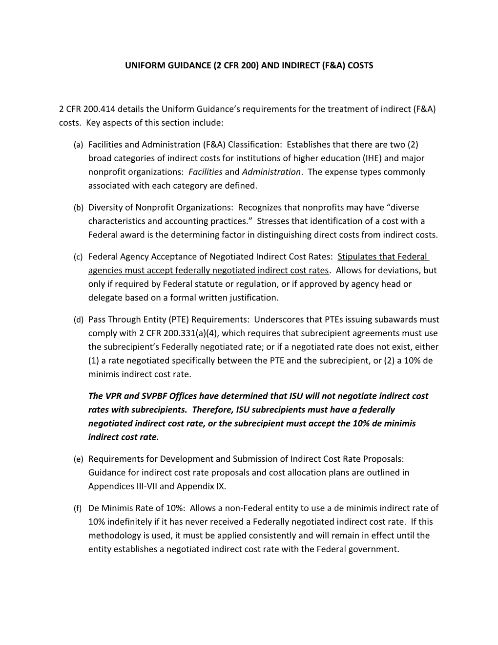 Uniform Guidance (2 Cfr 200) and Indirect (F&A) Costs