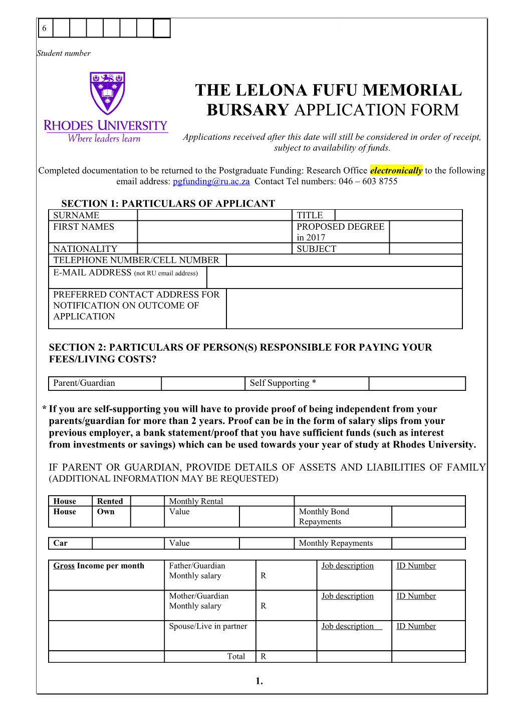 The Lelona Fufu Memorial Bursary Application Form
