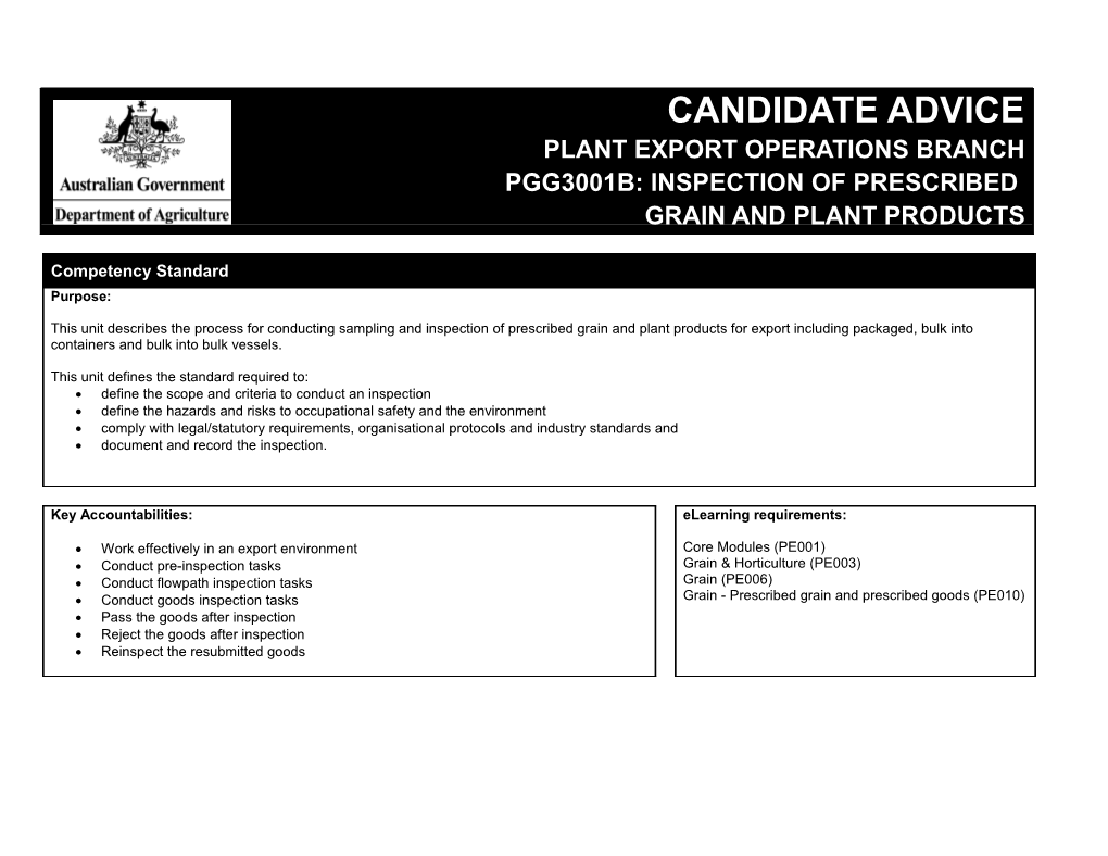 Plant Export Operations Branch PGG3001B: Inspection of Prescribed Grain and Plant Products