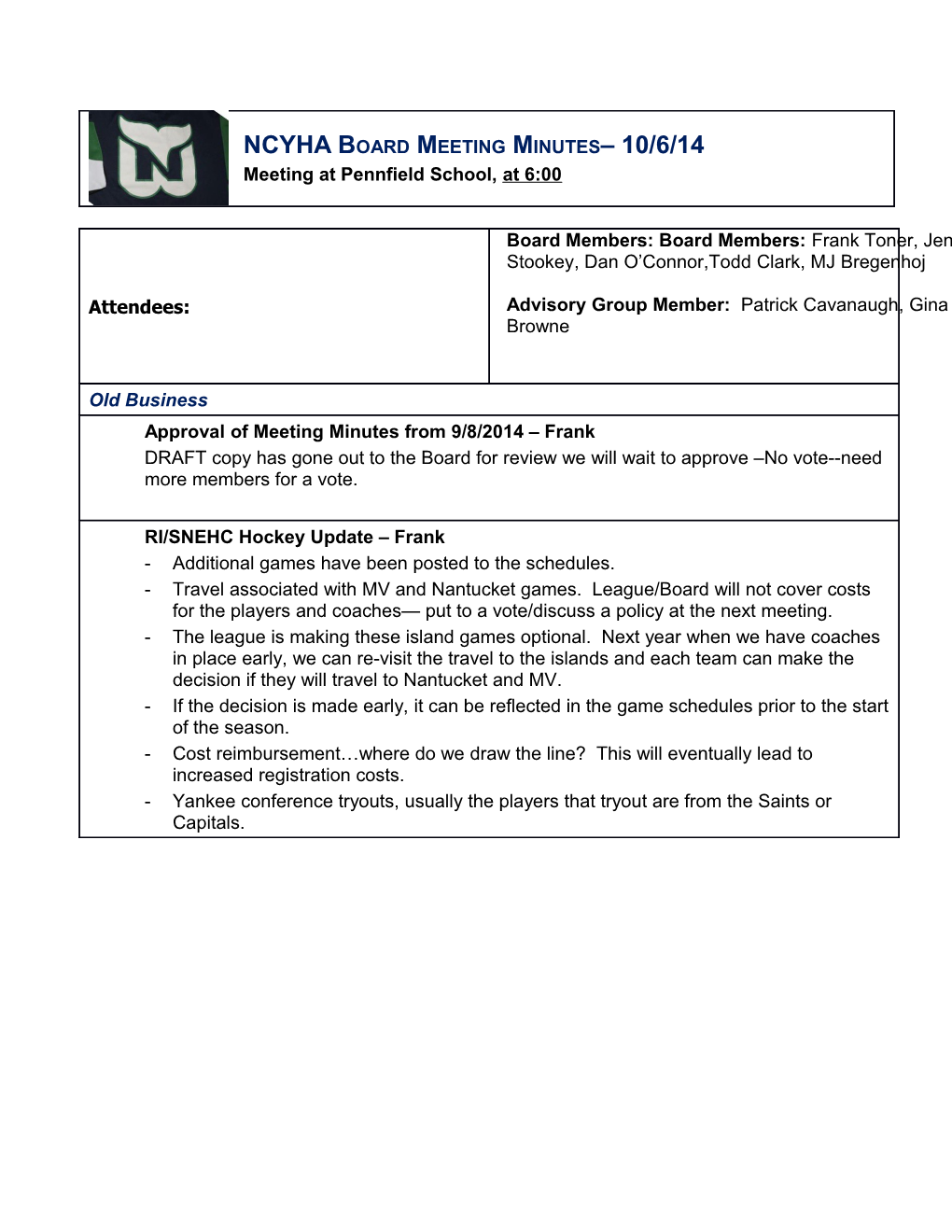 NCYHA Boardmeeting Minutes 10/6/14