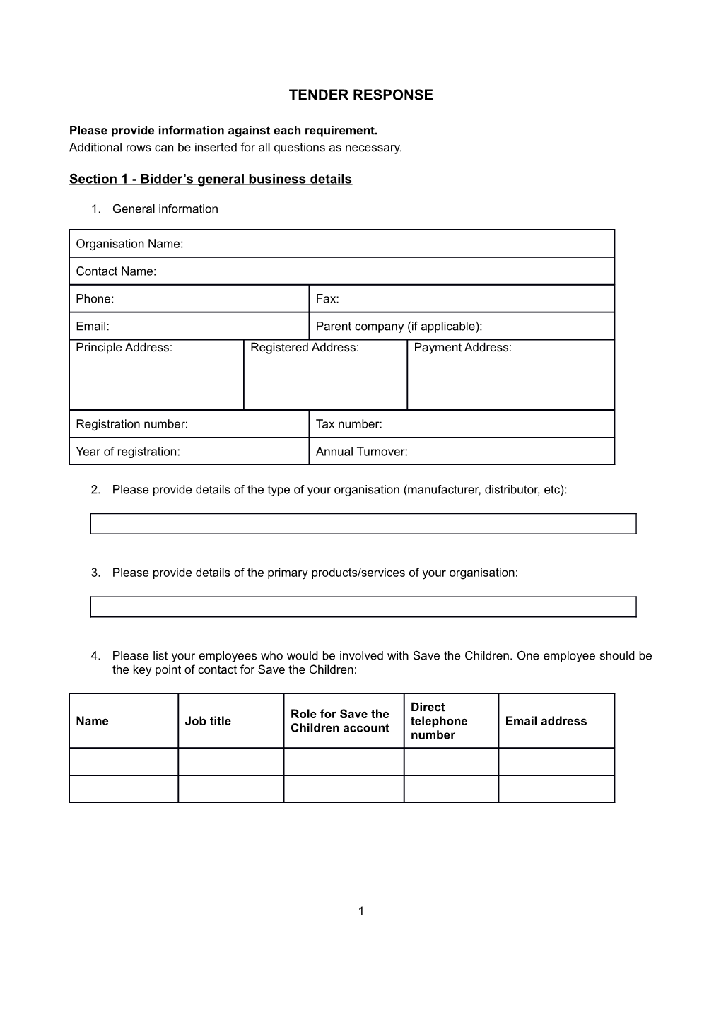 Bidder Response Document