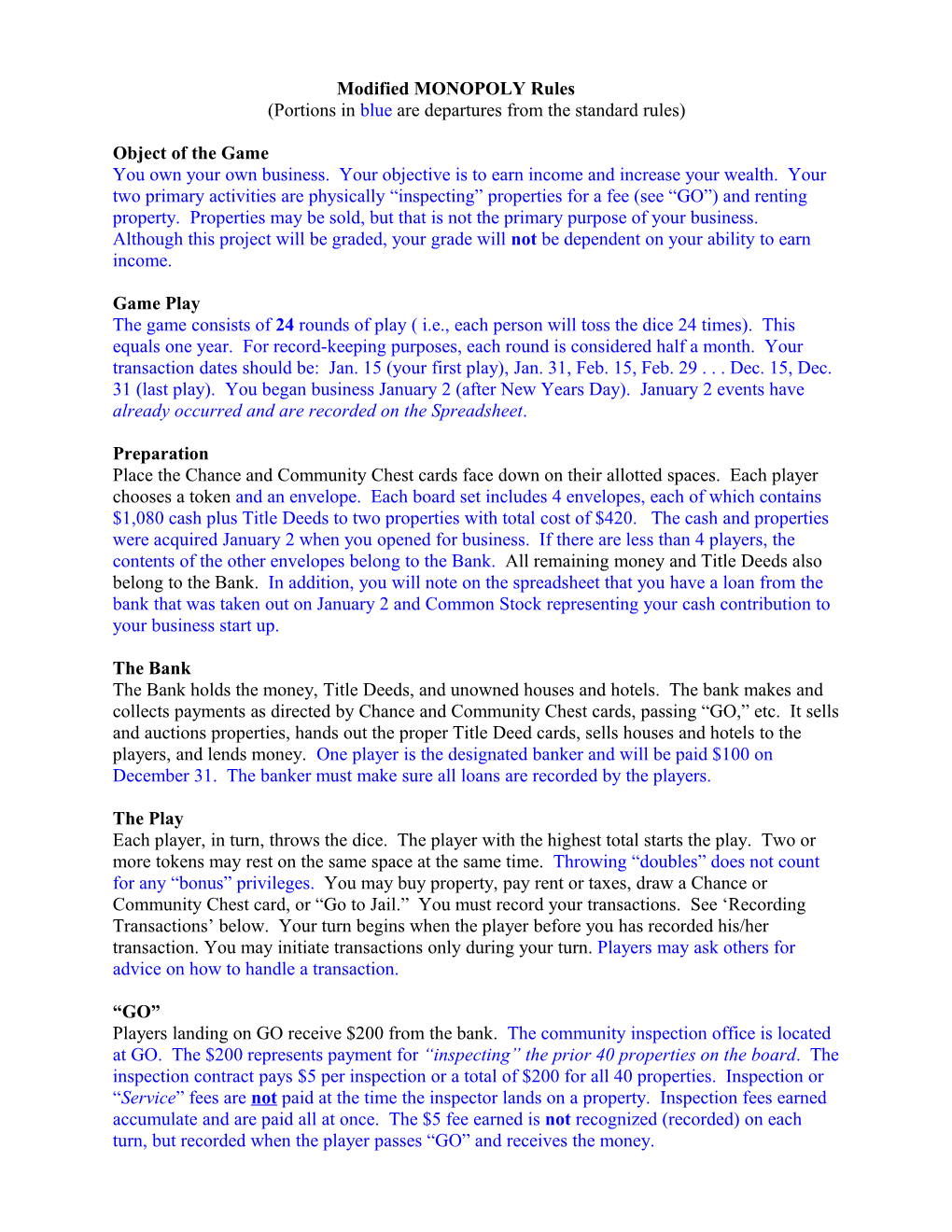 MONOPOLY Modified Rules for BUS 251 Simulation