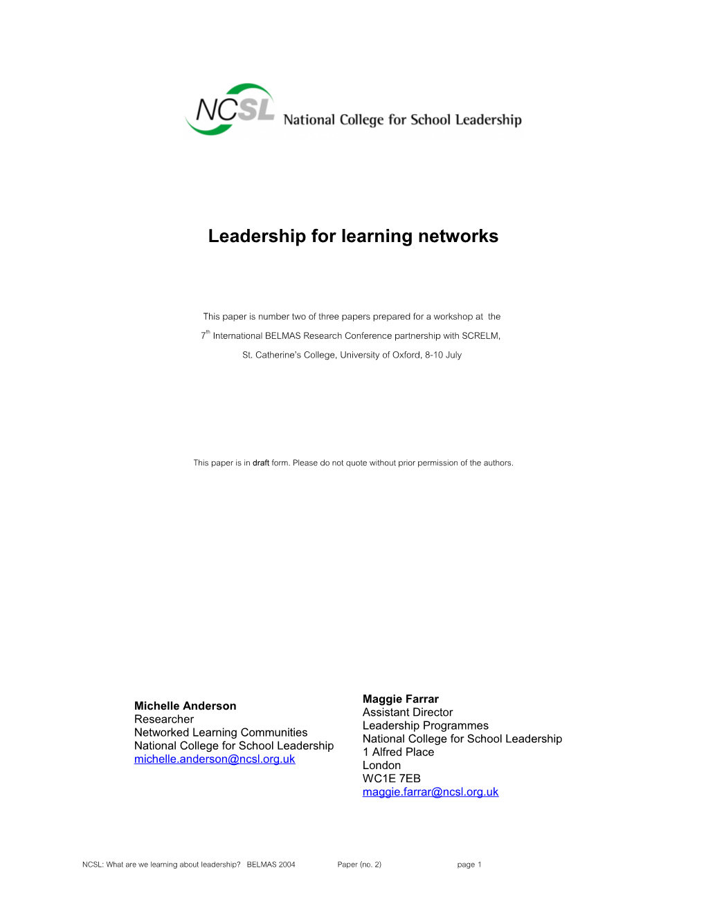 Leadership for Learning Networks