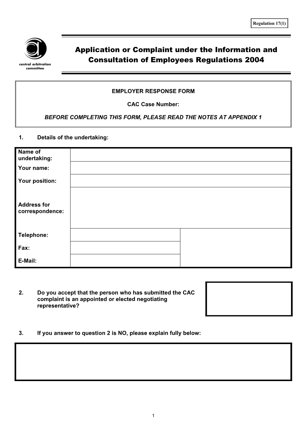 I & C Response Form (Reg 17(1))