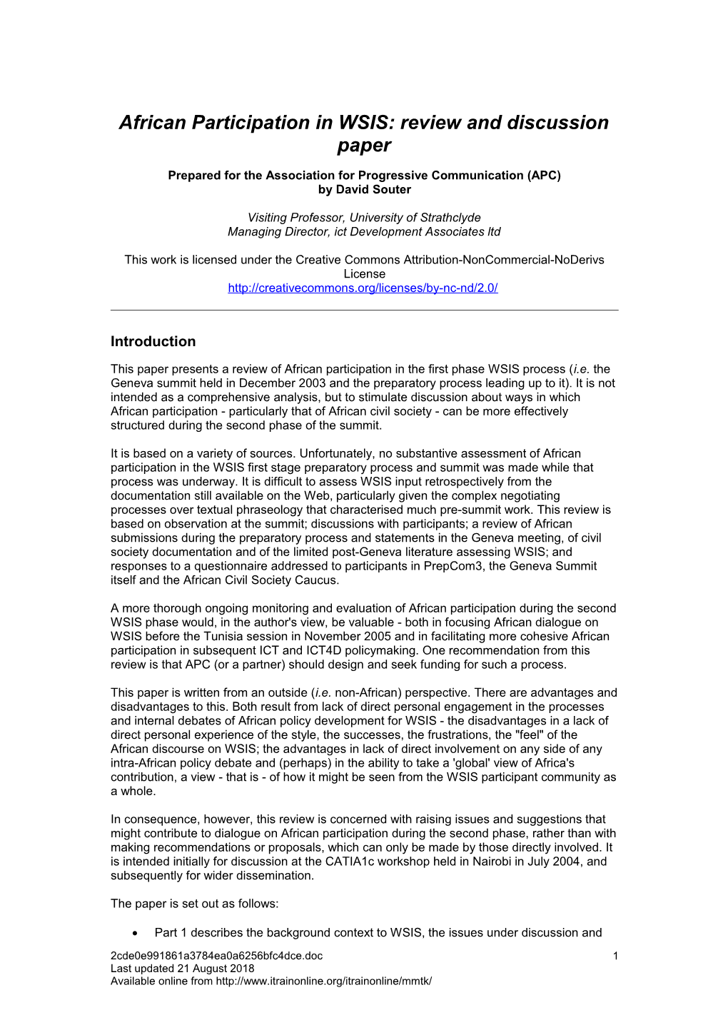 African Participation in WSIS: Review and Discussion Paper