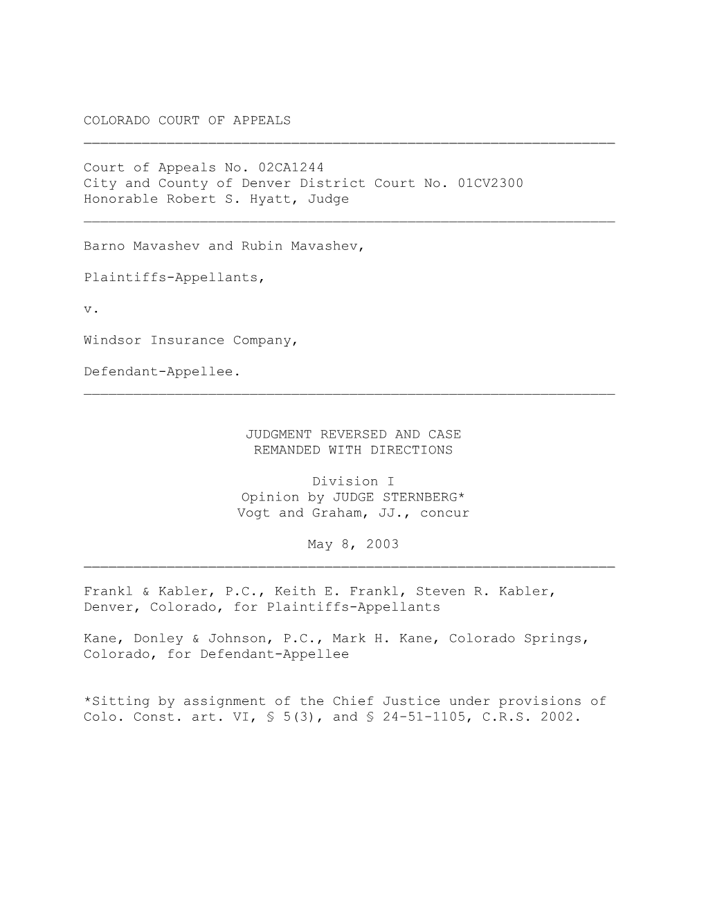 City and County of Denver District Court No. 01CV2300