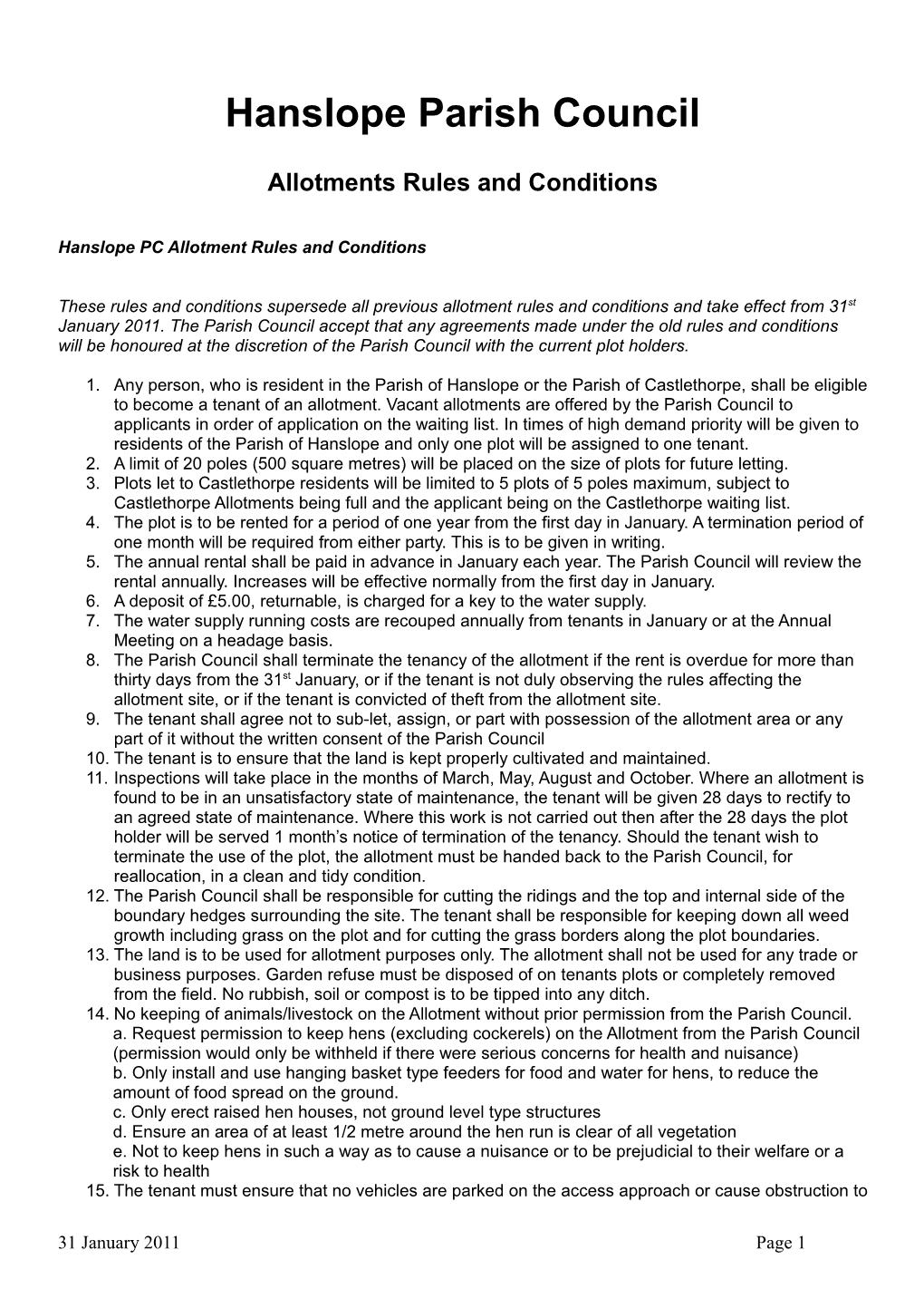 Hanslope PC Allotment Rules and Conditions