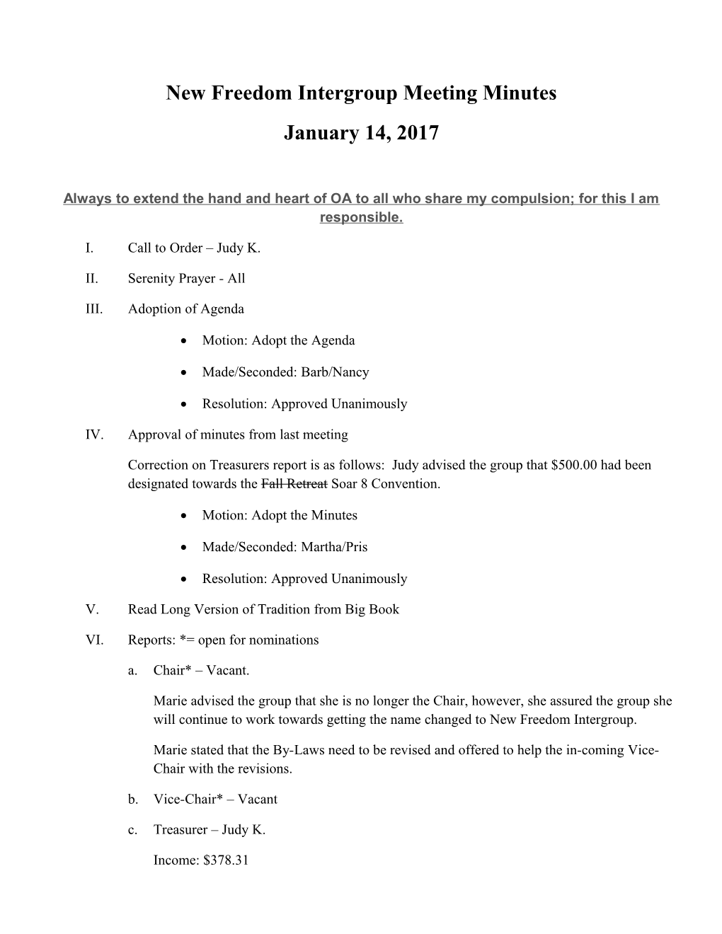 New Freedom Intergroup Meeting Minutes