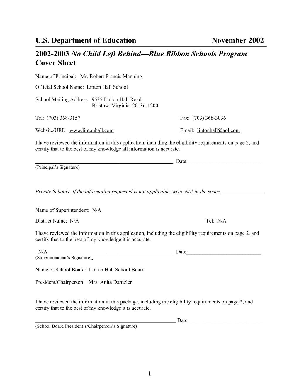 Linton Hall School 2003 No Child Left Behind-Blue Ribbon School (Msword)