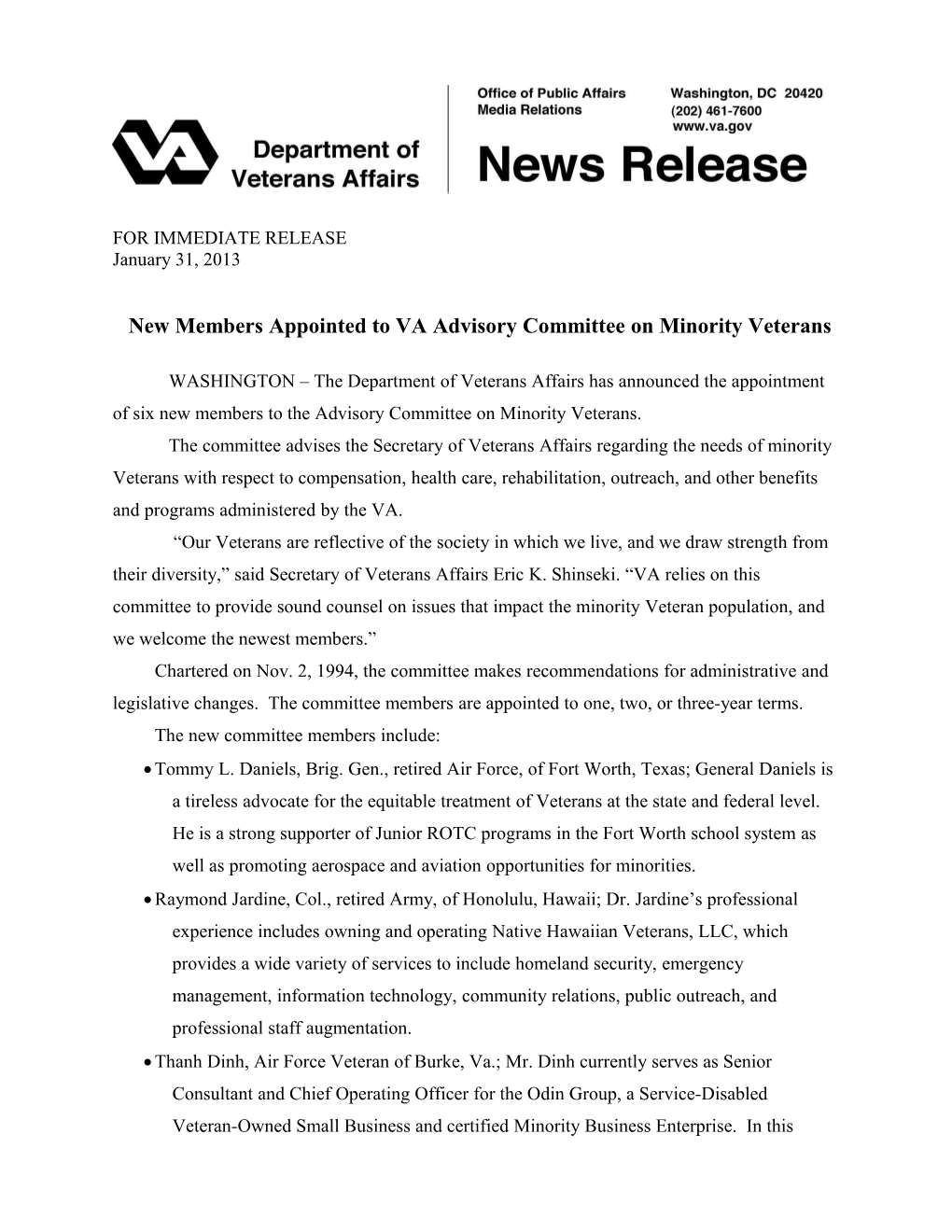 New Members Appointed to VA Advisory Committeeon Minority Veterans