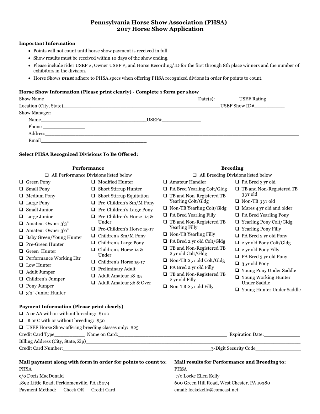 Pennsylvania Horse Show Association (PHSA) 2017 Horse Show Application