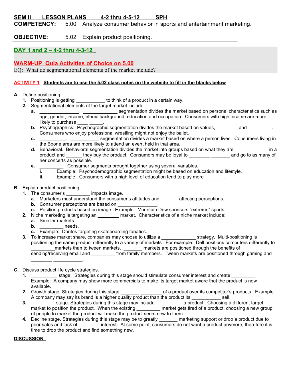 SEM II LESSON PLANS 4-2 Thru 4-5-12 SPH