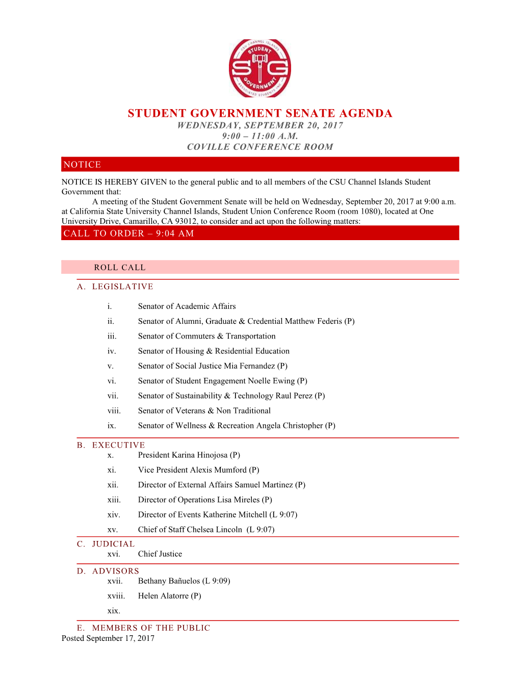 Student Government Senate Agenda