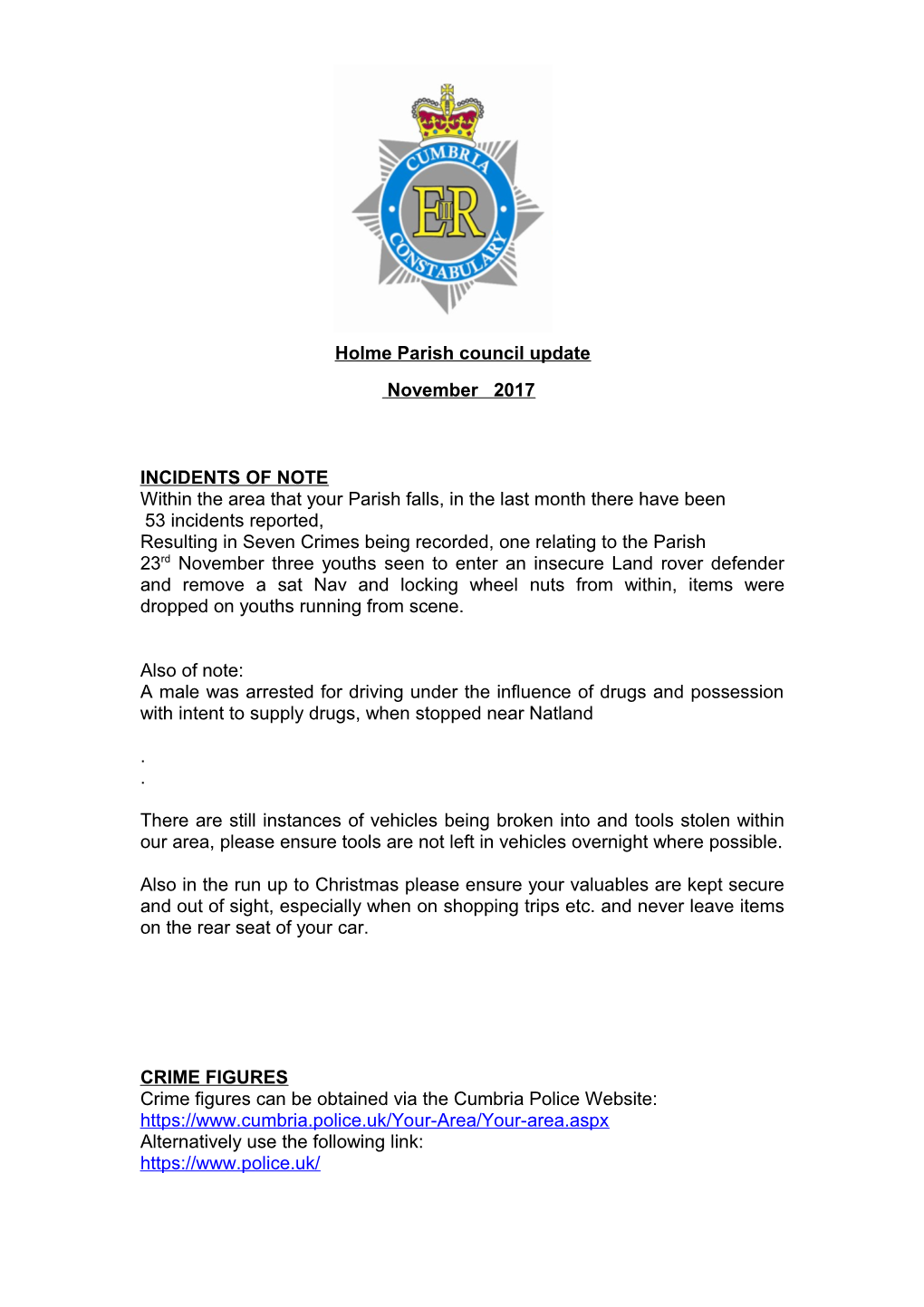 Blindbothel Parish Council Update from Allerdale Rural Policing Team