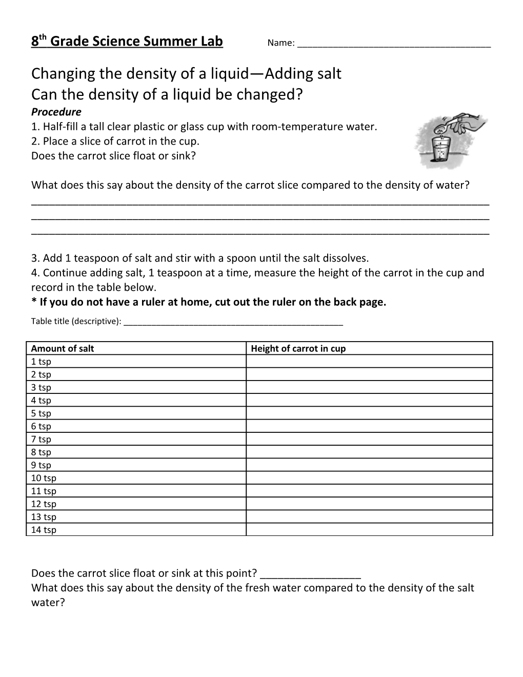 8Th Grade Science Summer Lab Name: ______