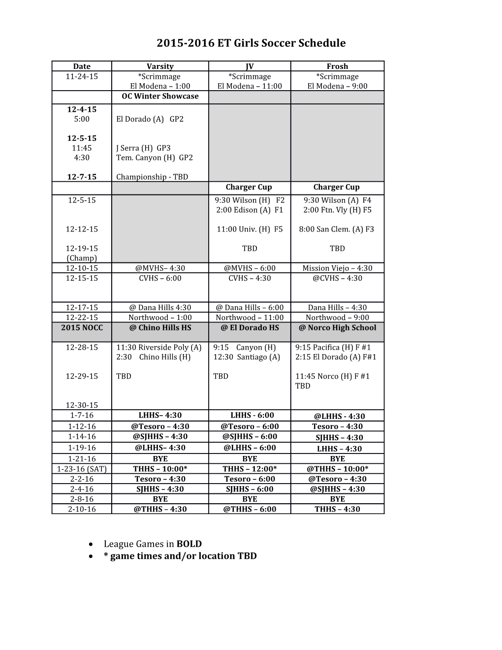 2015-2016 ET Girls Soccer Schedule