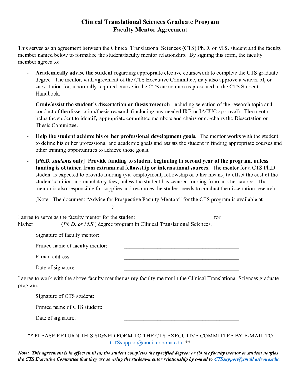 Clinical Translational Sciences Graduate Program Faculty Mentor Agreement