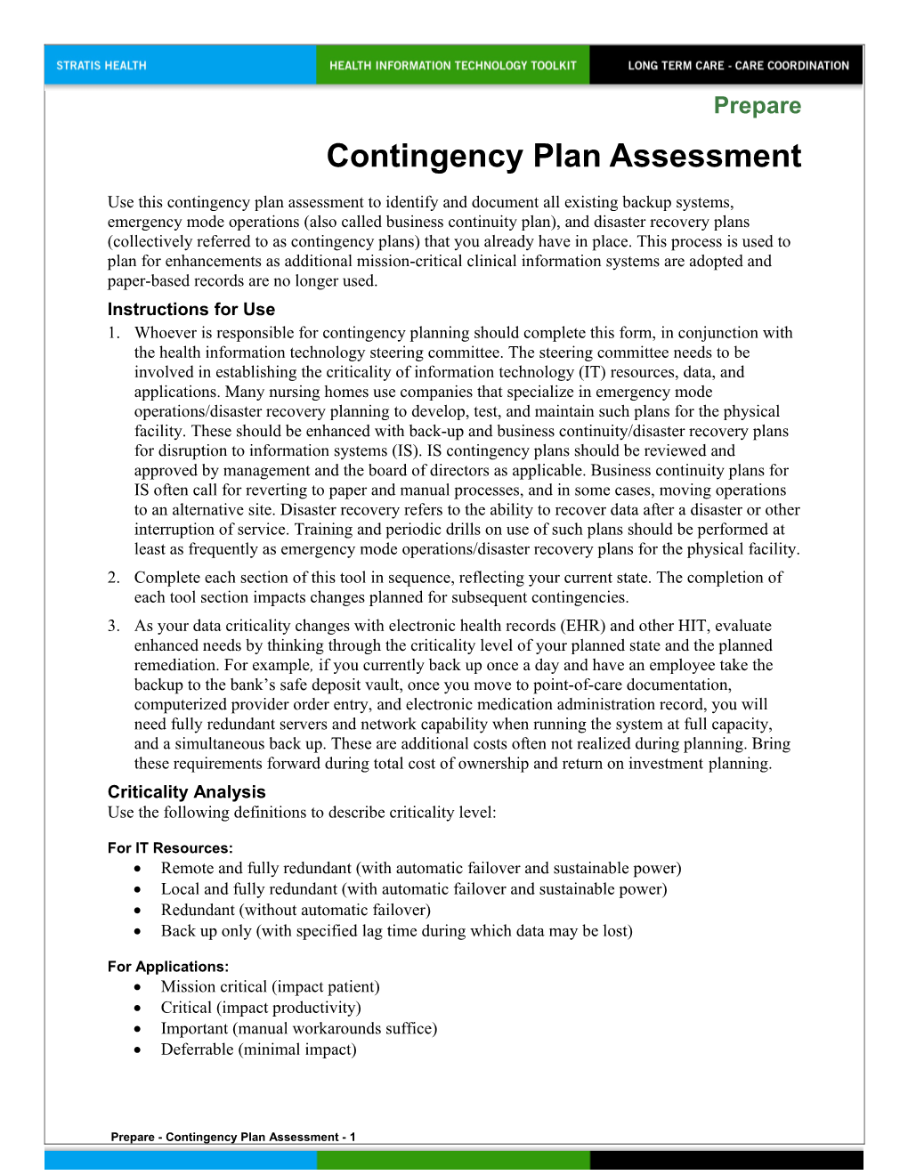 Contingency Plan Assessment Health Information Technology Toolkit for Long Term Care