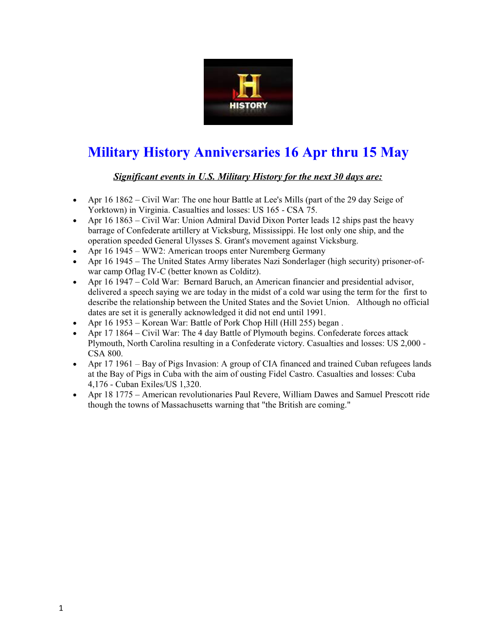 Significant Events in U.S. Military History for the Next 30 Days Are