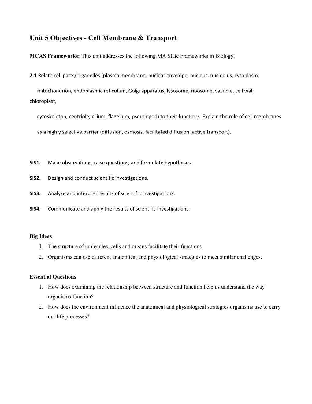 Unit 5 Objectives - Cell Membrane & Transport