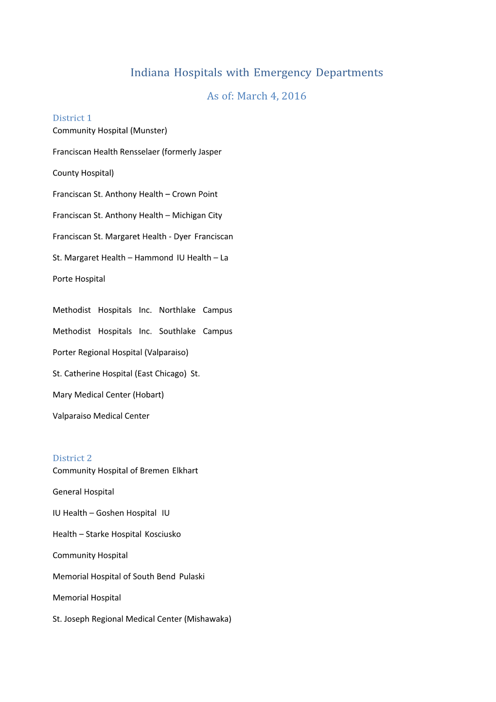 Indiana Hospitals with Emergency Departments As of January 24 2014