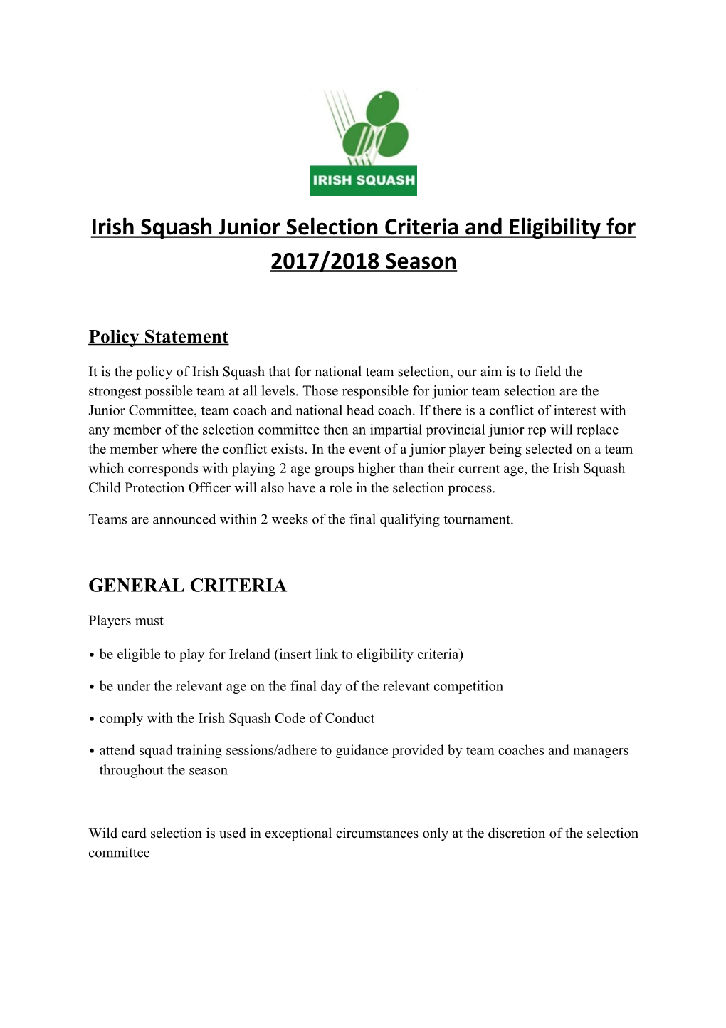 Irish Squash Junior Selection Criteria and Eligibility for 2017/2018 Season