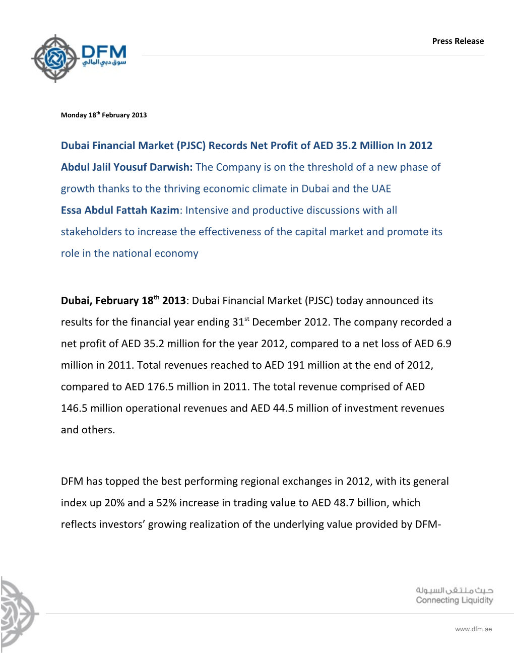 Dubai Financial Market (PJSC)Records Net Profit of AED 35.2Million in 2012