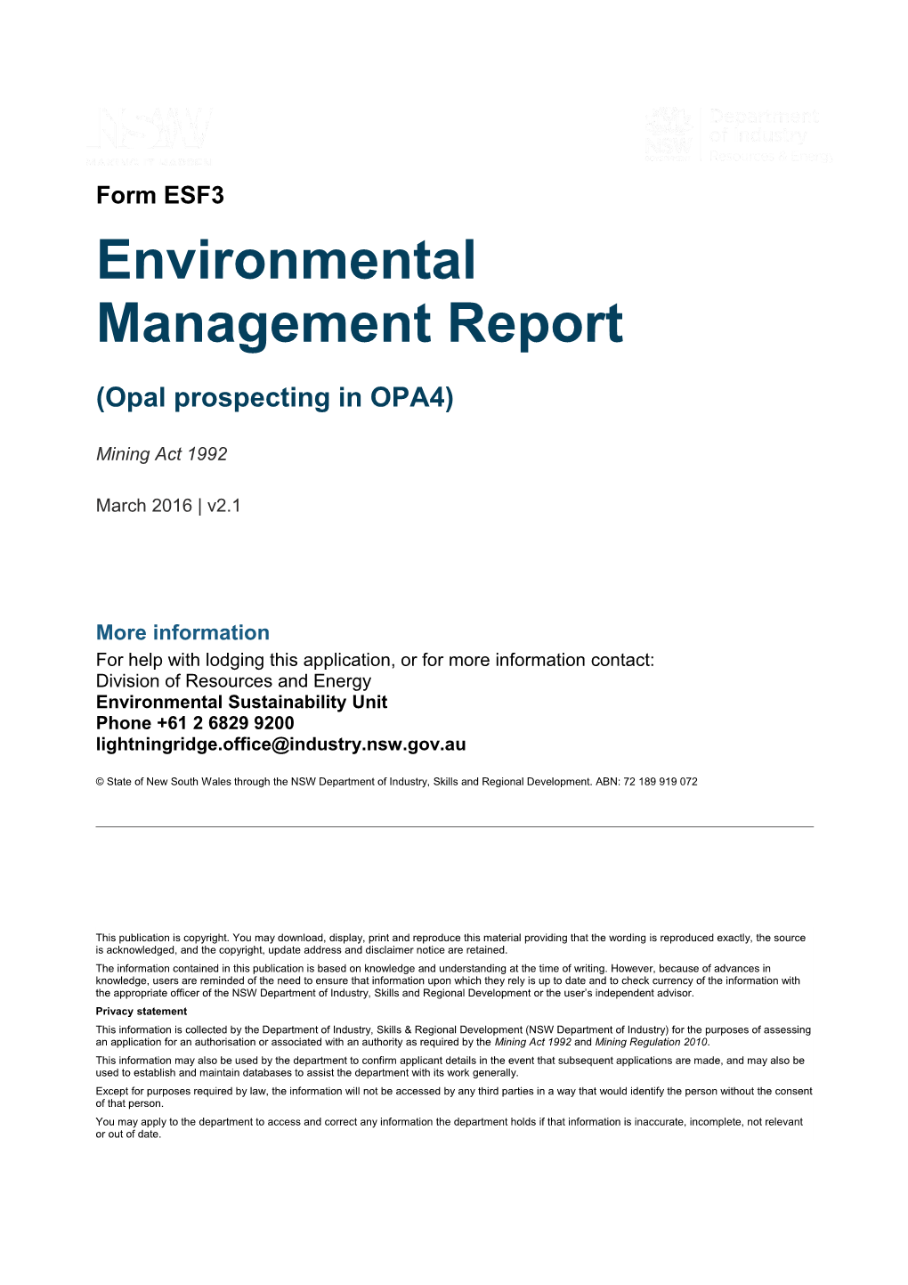 ESF3 Environmental Management Report (Opal Prospecting in OPA4)