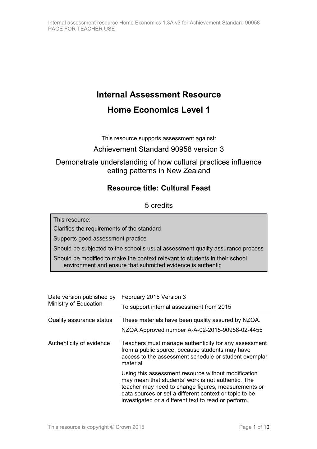 Level 1 Home Economics Internal Assessment Resource