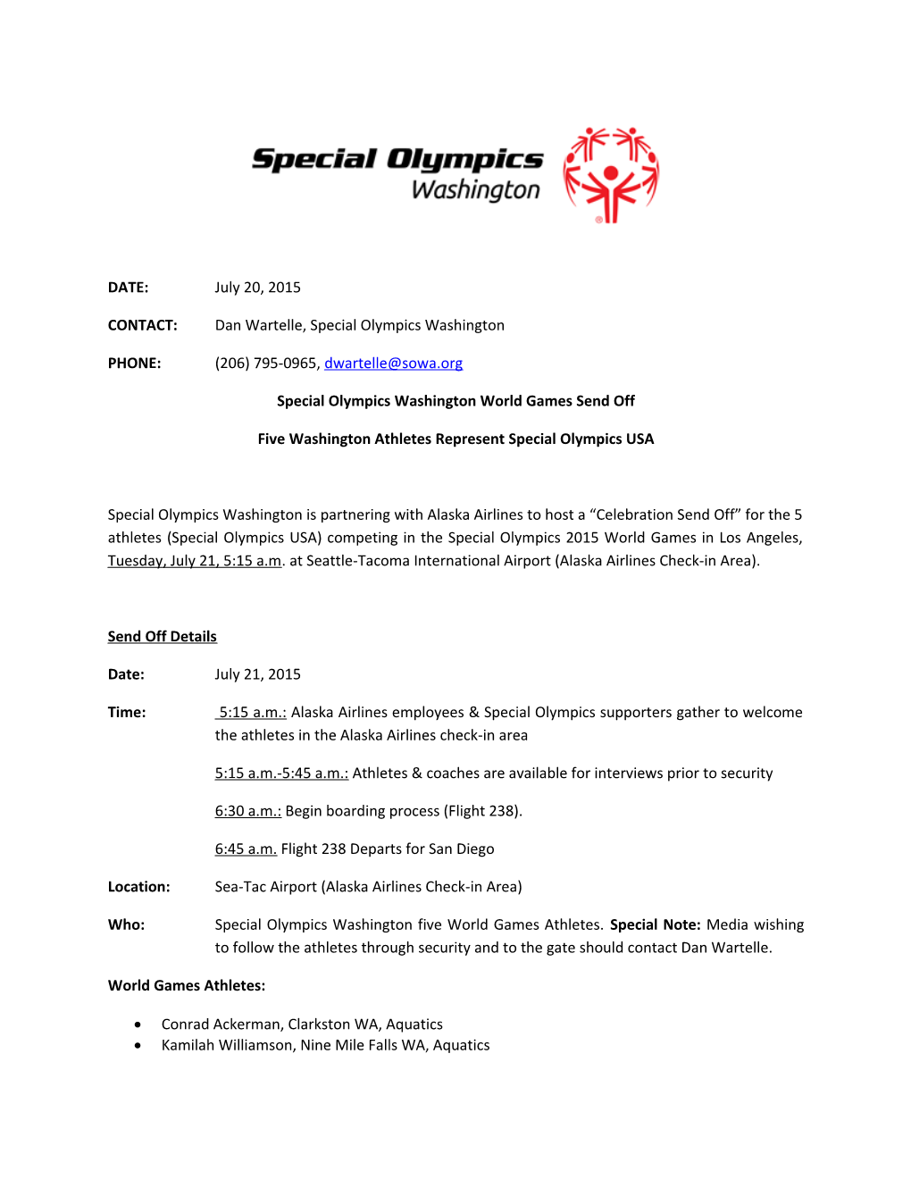 Special Olympics Washington World Games Send Off