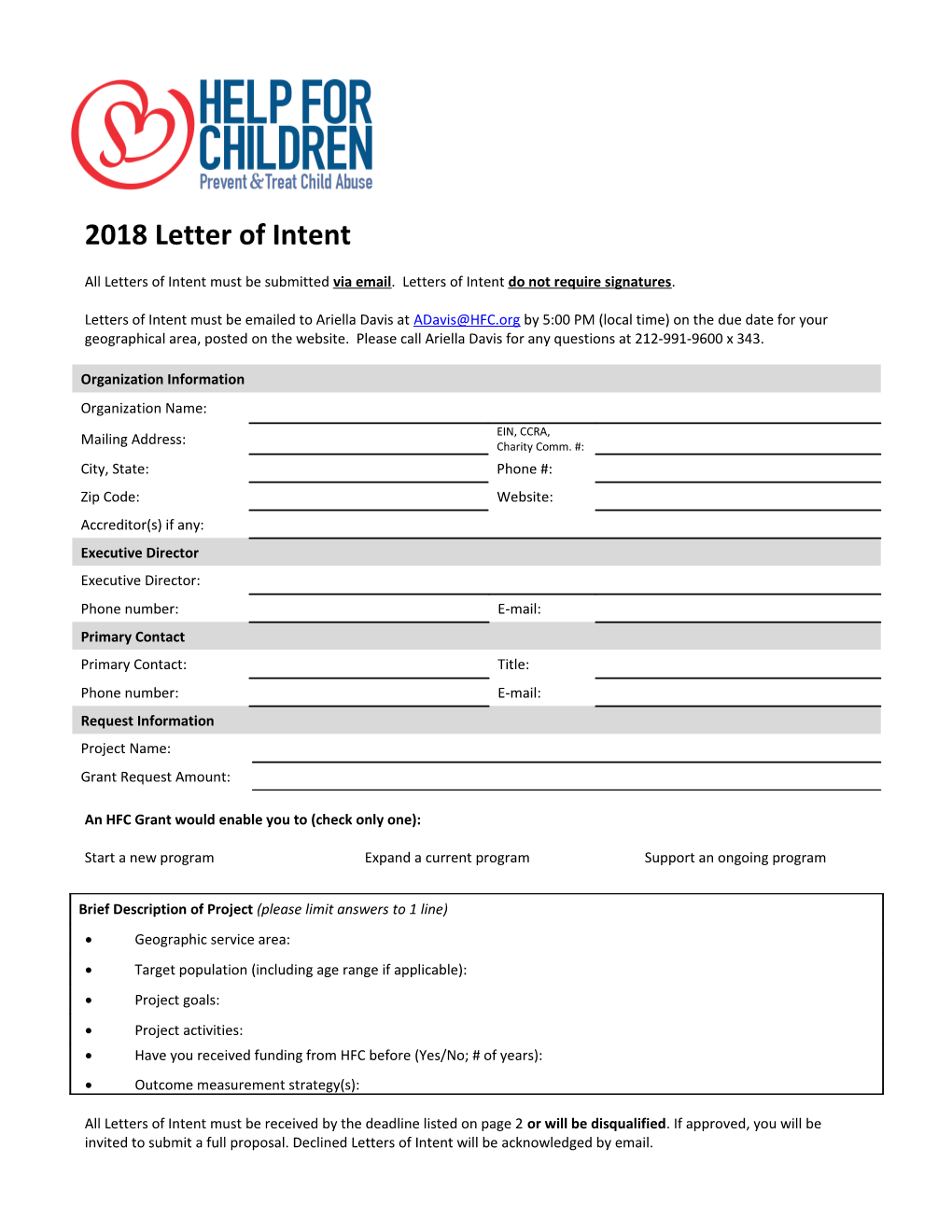 Help for Children - Letter of Intent 2018