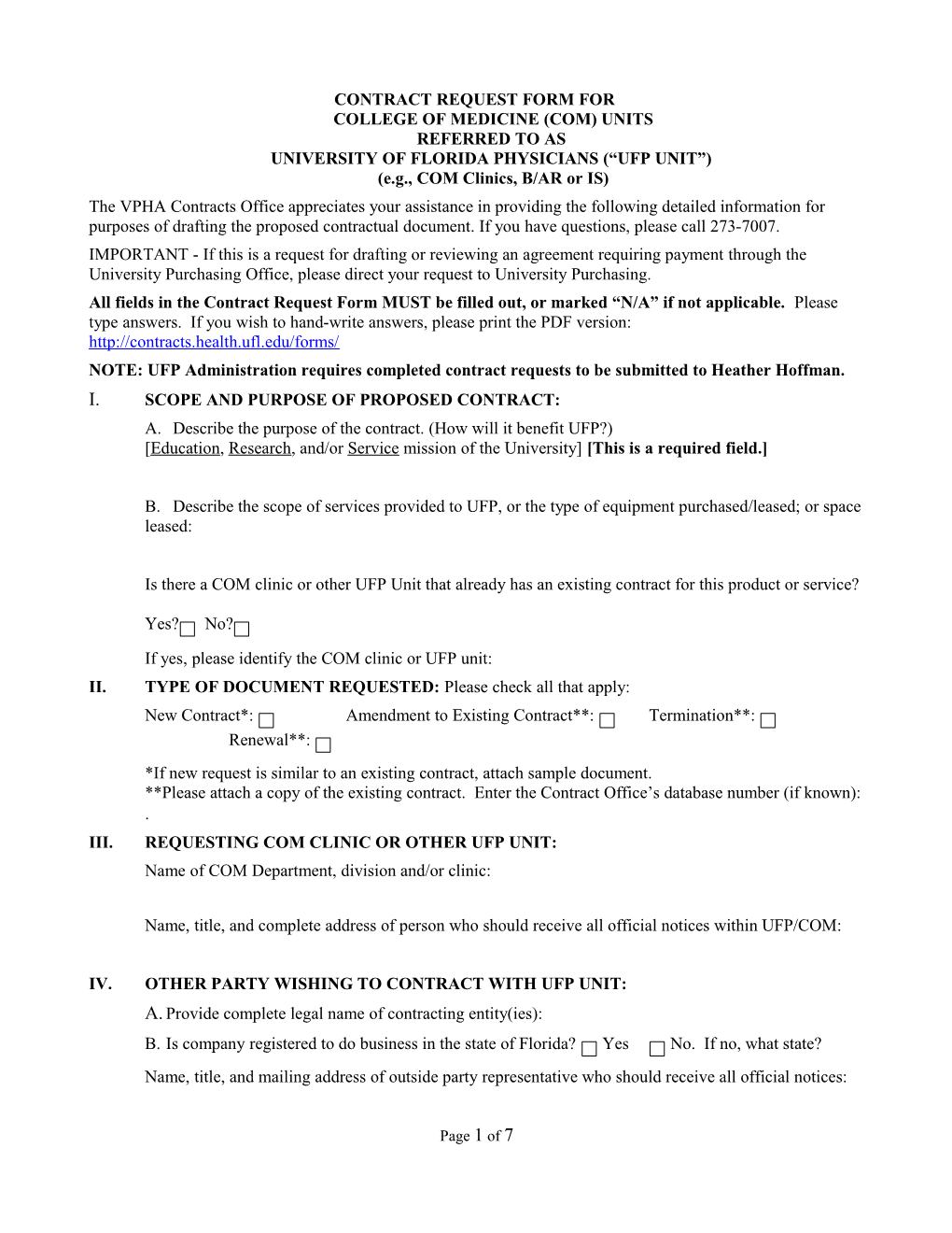 Contract Request Form for Ufp