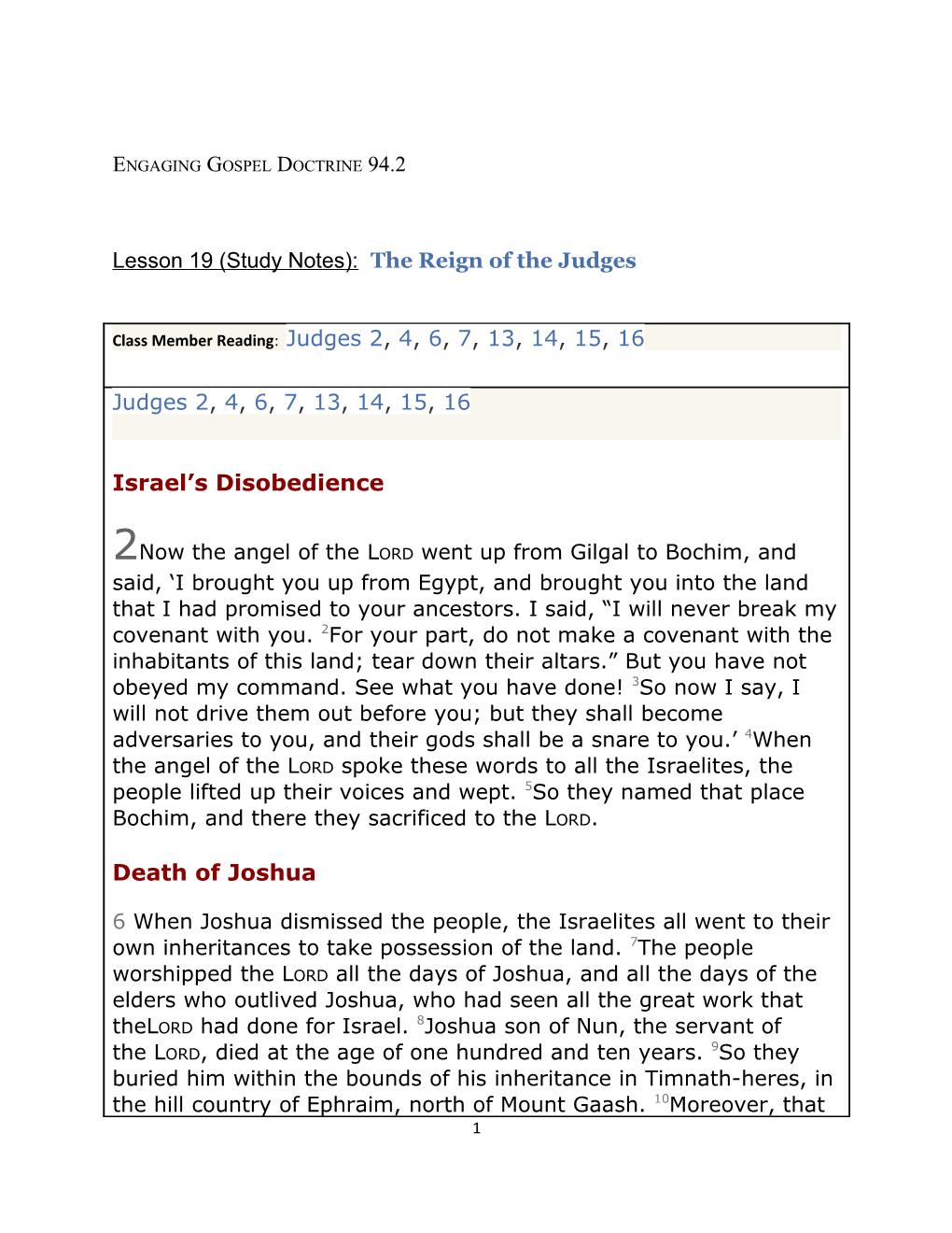 Lesson 19 (Study Notes): the Reign of the Judges