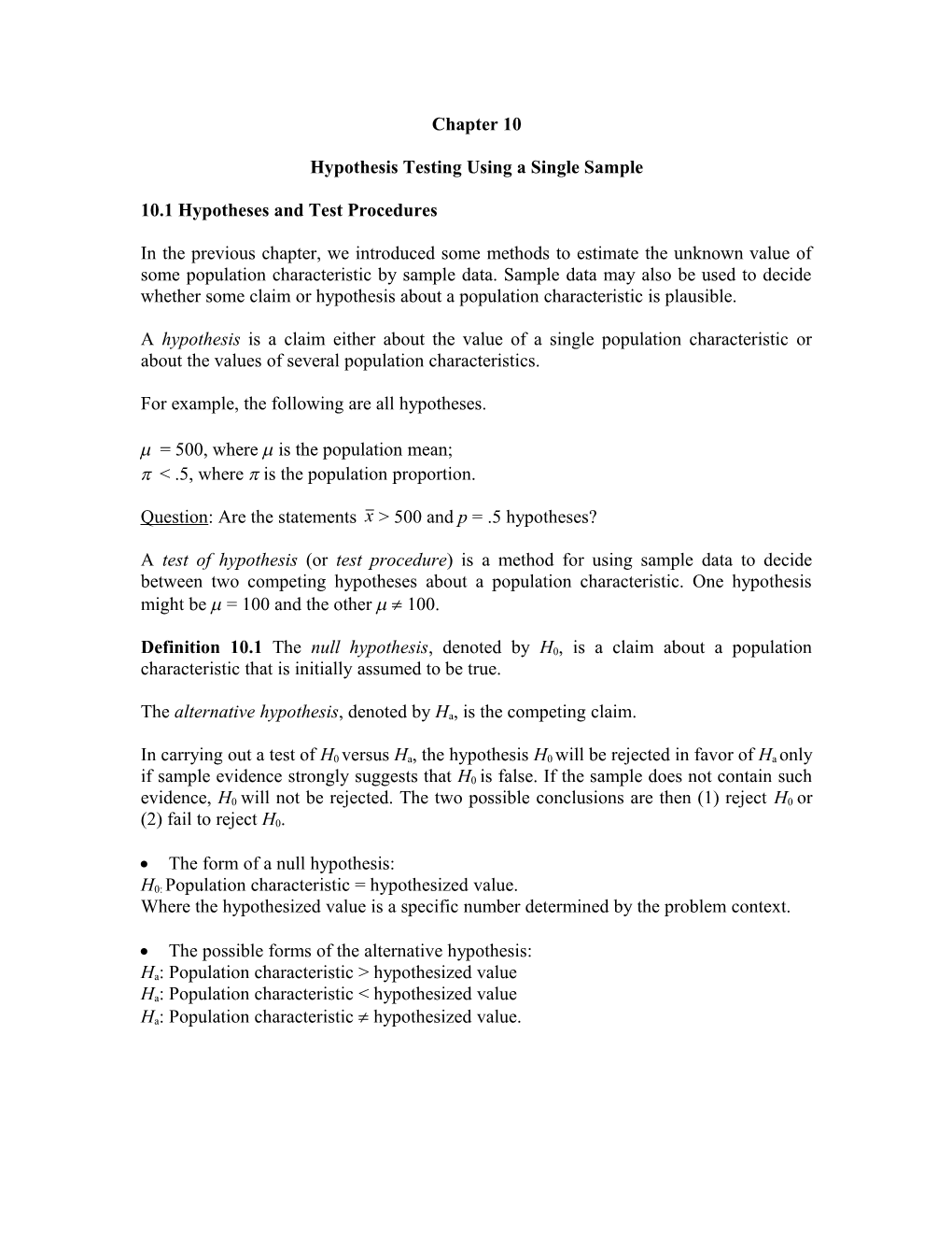 Hypothesis Testing Using a Single Sample