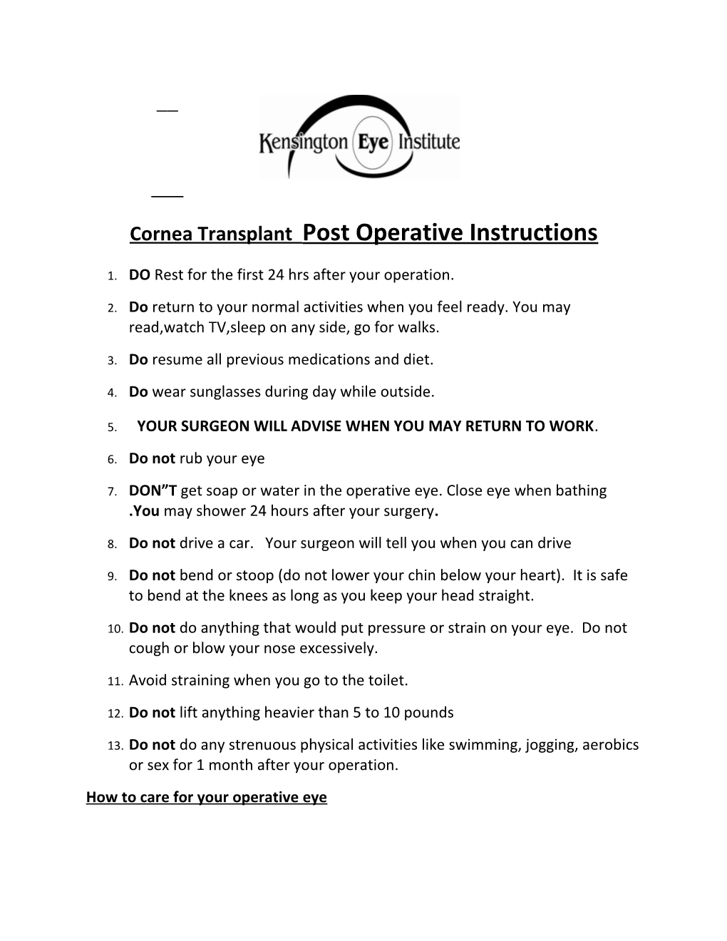 Cornea Transplant Post Operative Instructions