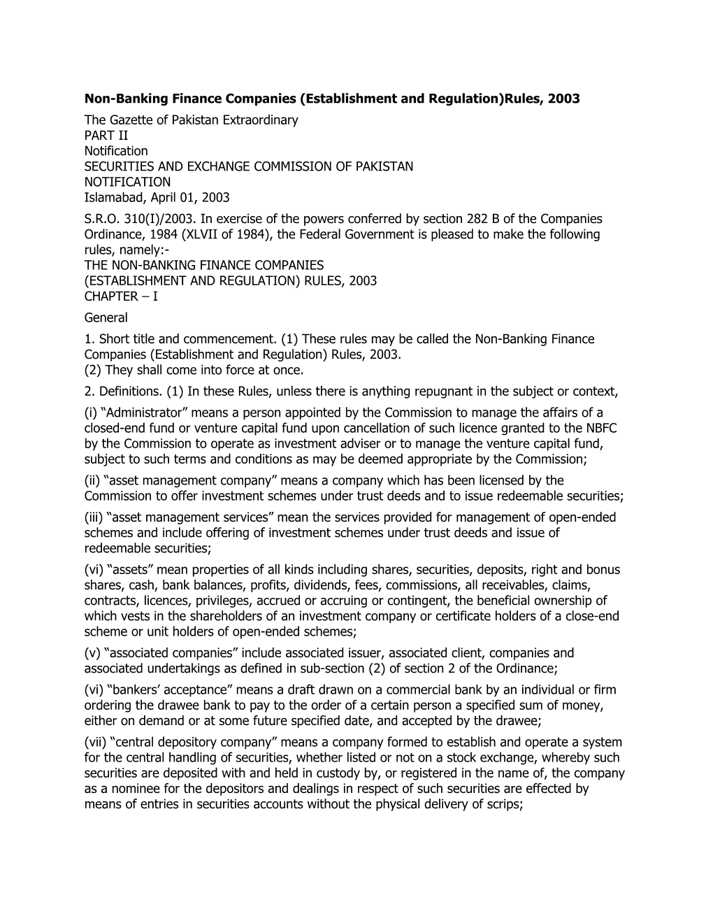 Non-Banking Finance Companies (Establishment and Regulation)Rules, 2003